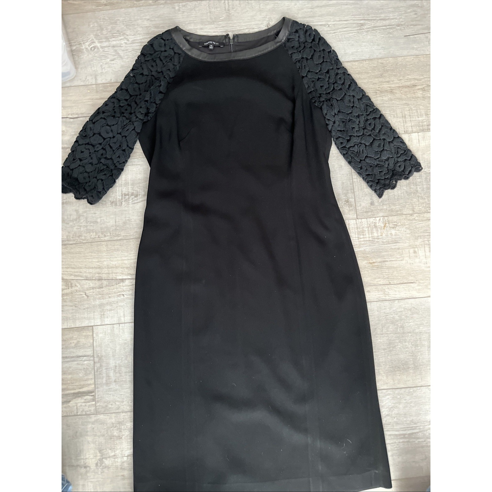 Lafayette 148 Matte Black Jersey Dress Lace 3/4 Sleeve Size 10 Leather Collar